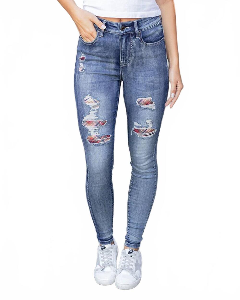 NEW GRACE AND LACE plaid patched denim jeggings in vintage mid-wash